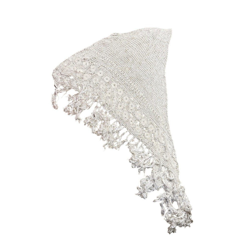 Crochet Triangle Shawl Cream Floral Medallion Fringe Wrap‎